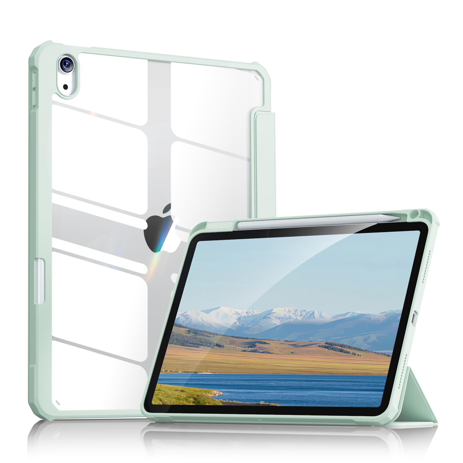Aoub iPad 第10世代 ケース 2022 10.9 インチ 透明バックカバー Apple Pencil 収納可能 三つ折スタンド スリープ機能 軽量 薄型 傷つけ防止 PU合成レザー TPU (モデル番号A2696、A2757、A2777) ライトグリーン