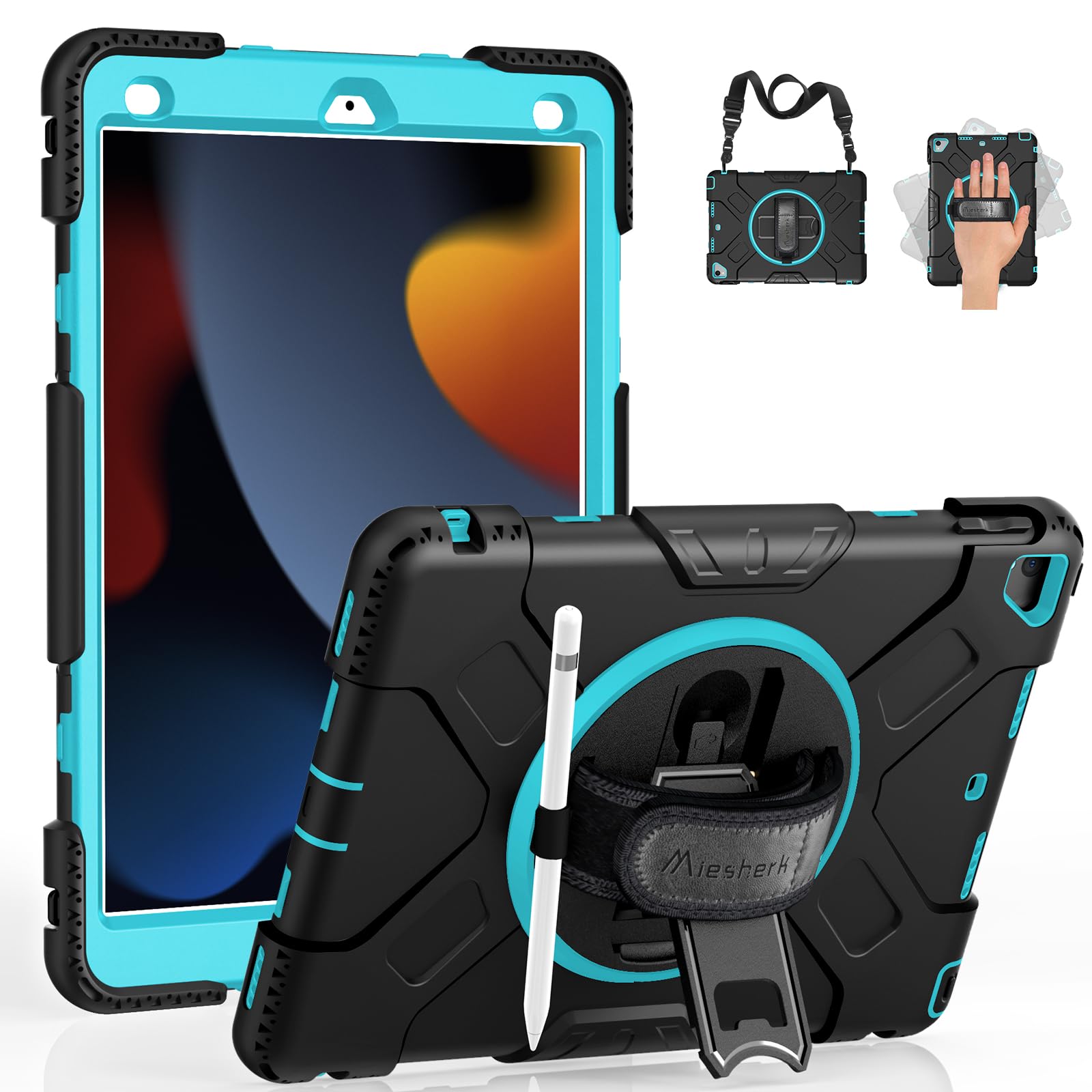 Miesherk ipad 9世代 ケース 10.2インチ 第9/8/7世代（2021/2020/2019） iPad保護ケース 耐衝撃 頑丈 防塵 360°回転スタンド 精密カット ペン収納 ショルダー/ハンドストラップ 仕事 現場 子供に対応 全面保護カバー