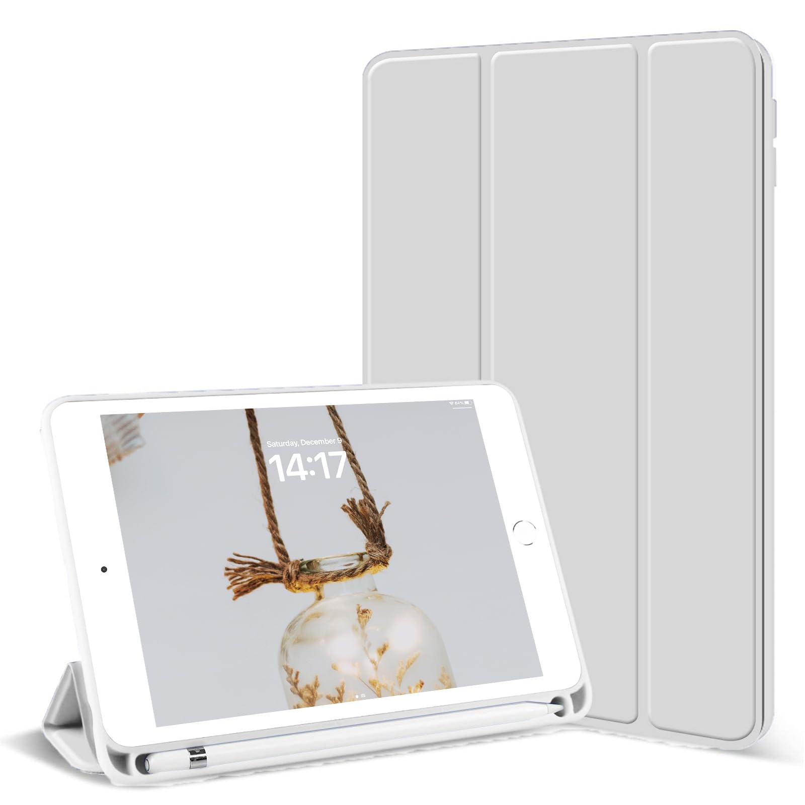 KenKe iPad Mini5 ケース 7.9インチ 軽量 スマート柔らかいTPUシリコン製カバー ペンホルダー付き 三つ折タイプ 全面保護型Apple Pencil収納&自動スリープ/ウェイクアップ機能付き 7.9インチiPad Mini 5th 世代 に対応 (グレー)