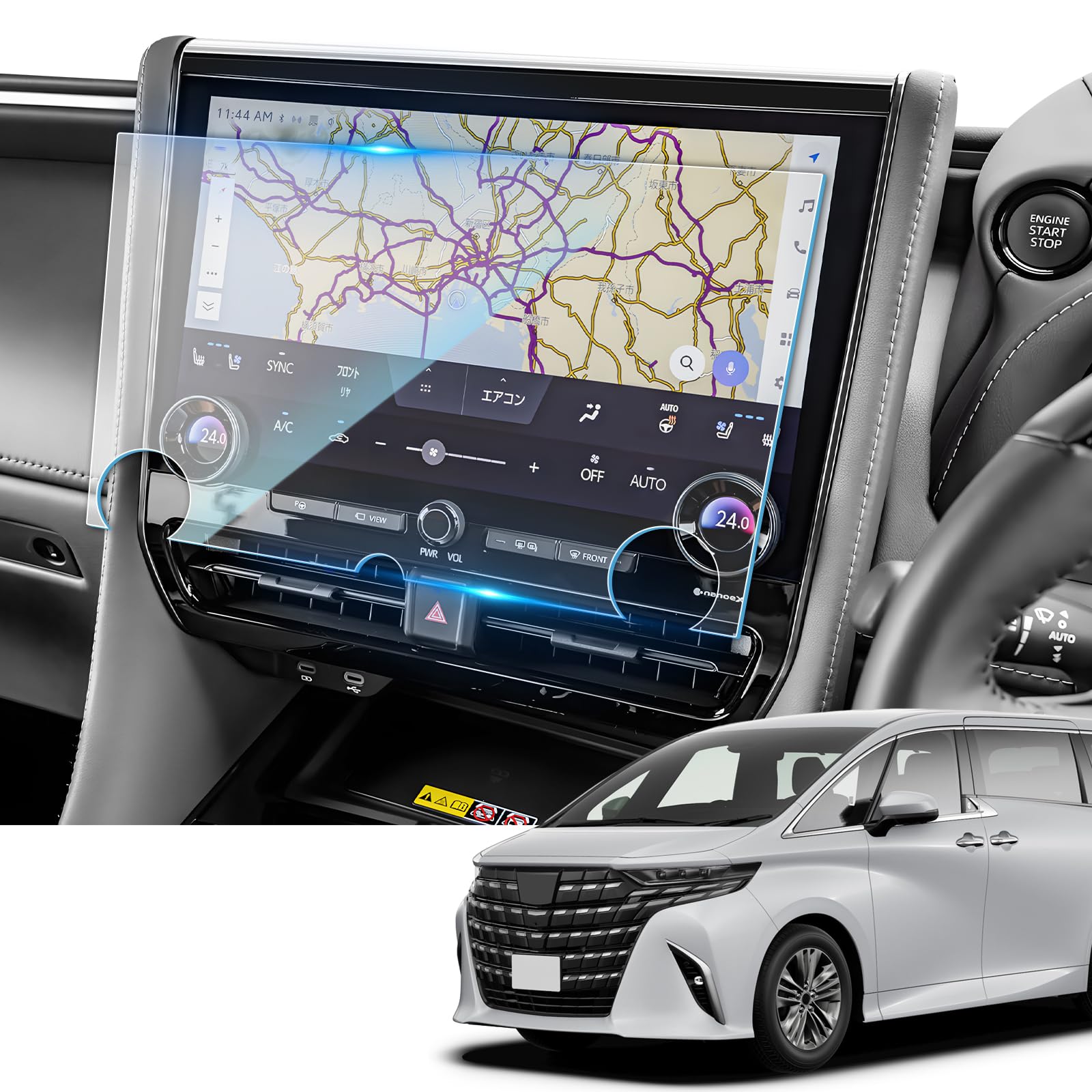 商品情報商品の説明主な仕様 【寸法＆適用車種】● サイズ：14インチ ● トヨタ　アルファード 40系 ヴェルファイア （2023.6~）適応型式：AAHH40W、AAHH45W、TAHA40W、TAHA45W、AGH40W、AGH45W ■適応グレード:Z 、Z Premier、 Executive Loungebr【9H硬度・飛散防止】日常的にカーナビを使用する中で、カーナビのスクリーンが予期しない衝撃を受けることはありませんか？車内で吊るした飾り物が落ちたり、バッグから取り出した硬貨や鍵がスクリーンに触れてしまったり…。大切なカーナビスクリーンの保護は、今すぐにでも始めるべきです。そんな不安を解消するのが、SKTUの アルファード 40系 ヴェルファイア 9H強化ガラス製カーナビ保護フィルムです。ガラスフィルムは9H硬度を誇る特殊な強化技術により、鍵や硬貨、スマホなどの鋭利な物からもスクリーンをしっかり守ります。優れた耐久性で、日常的な衝撃や傷からカーナビスクリーンをガードし、長期間にわたり美しい状態を保ちます。9H硬度の強化ガラスナビフィルムは飛散防止技術を採用し、万が一割れても、飛び散ることなく安全に破片を防ぐ設計です。br【HD画質・高感度タッチ】：HC高透過層により、驚異の98％以上の透過率を実現。ディスプレイオーディオ液晶画面オリジナルの鮮やかで美しい色合いをそのまま再現します。カーナビ ガラスフィルム 厚さわずか0.32mmの超薄設計で、ツルツルとしたスムーズなタッチ操作を実現。指先は快適でストレスフリーな操作感を体験できます。不可欠な アルファード 40系 ヴェルファイア アクセサリー です。br【撥水撥油】カーナビフィルムに施した疎油性AFコーティングにより、水や油をしっかり弾き、指紋汚れも軽減。ナビスクリーンを常に清潔な状態に保てます。さらに、長時間の使用で汚れが付着しても、付属のクリーニングクロスで簡単にサッと拭き取るだけで、元通りの美しさを取り戻せます。br【貼り付け簡単】 アルファード 40系 ヴェルファイアカーナビ 保護フィルムは特殊なシリコンコーティング技術と静電気による自動吸着タイプを採用。気泡は自動的に排出され、補助用キットも付属しているので、素人でも見事に貼り付けることができる アルファード 40系 ヴェルファイア パーツ です。br【パッケージ＆アフターサービス】付属品：カーナビ ガラスフィルム 本体x1、ウェットティッシュx1、ホコリ取りシートx1、画面拭きマイクロファイバークロス x 1、固定用シール x 2、日本語説明書x1。※SKTUは常に高品質な製品を心を込めてお客様にお届けすることを最も大切にしています。出荷前に商品の品質と梱包状態を徹底的に確認しております。万が一、商品に関してご質問や不具合がございましたら、24時間以内に迅速に対応させていただきます。