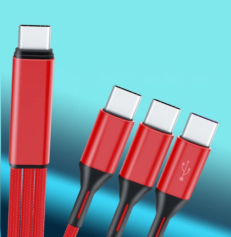 Sound Wave 3in1 オス オス 三股 変換 66W 急速充電 ナイロン編みケーブル 20cm 1本で Type C を Type C 3台 に変換 スマホ タブレット 等 機器 3台同時に充電 TypeC Y字ケーブル 分岐ケーブル (20cm レッド)