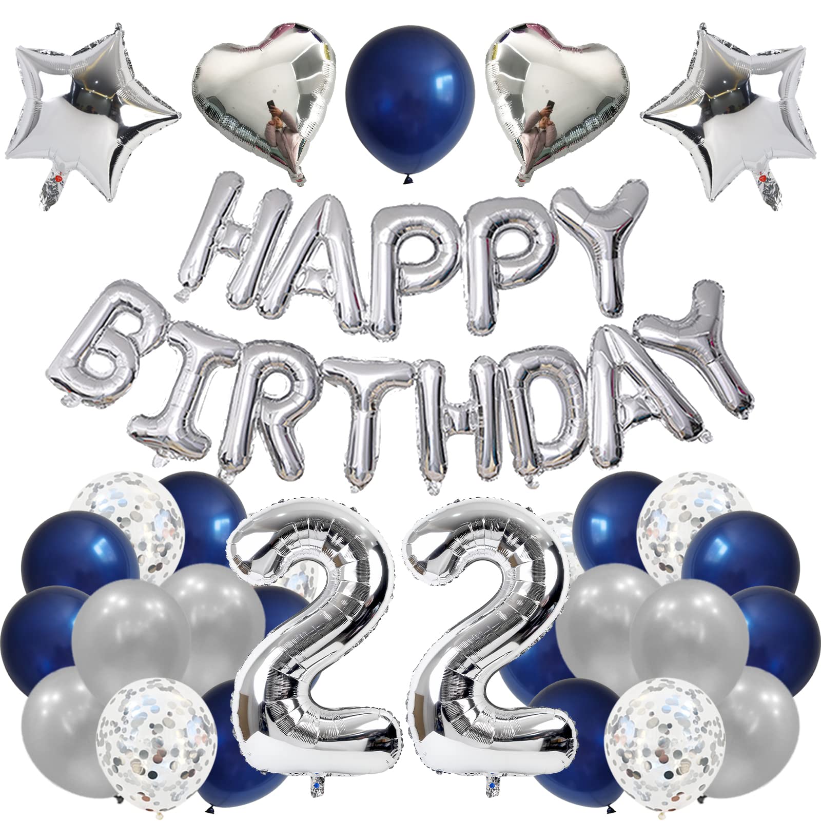 GRESATEK 誕生日 バルーン 飾り付け 風船セット 22歳 ハッピー バースデー HAPPY BIRTHDAYガーランド ハート風船 紙吹雪風船 ドットシール 装飾 パーティー お祝い サプライズ シルバー＆ブルー