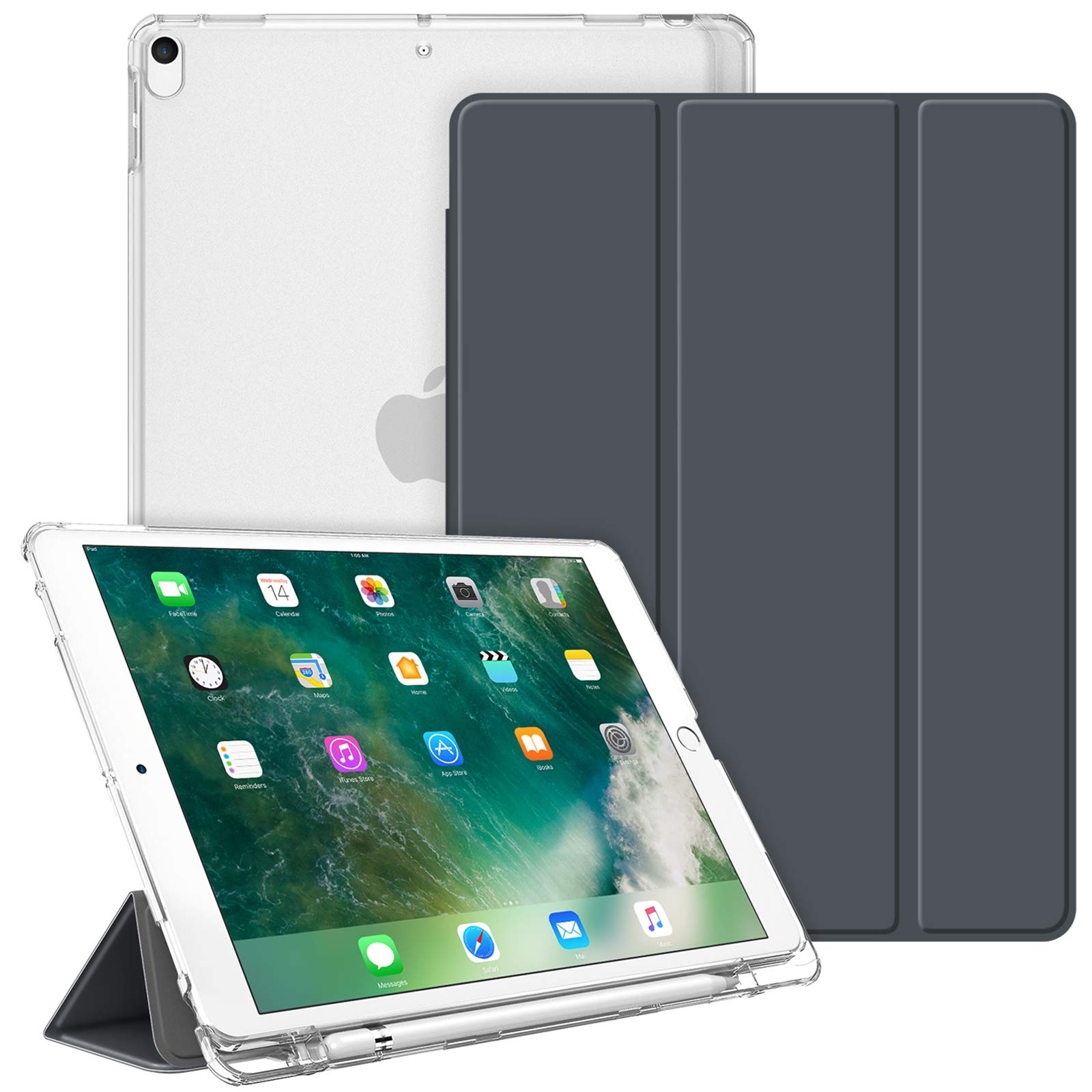 【送料無料】Fintie iPad Air 2019 ケース iPad Air3 / Pro 2017 10.5インチ バックカバー Apple Pencil 収納可能 三つ折スタンド スリープ機能 軽量 薄型 半透明 傷つけ防止 PUレザー(モデル番号A2152、A2123、A2153、A1701、A1709)（スペースグレー）