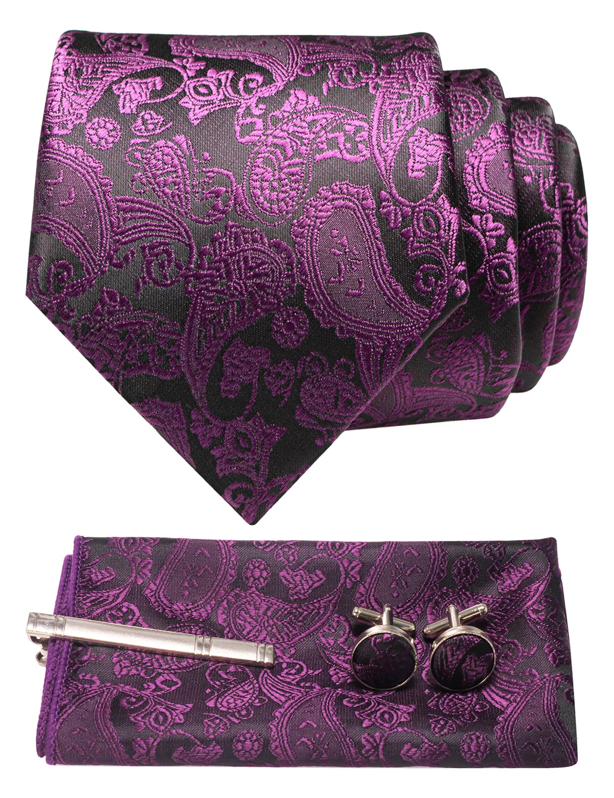 【送料無料】[JEMYGINS] メンズ ネクタイ ペイズリー柄 ピン カフス ボタン チーフ ビジネス 就活 結婚式 入学式 卒業式 二次会 冠婚葬祭 パーティー 父の日 プレゼント ギフトボックス付き,紫色2