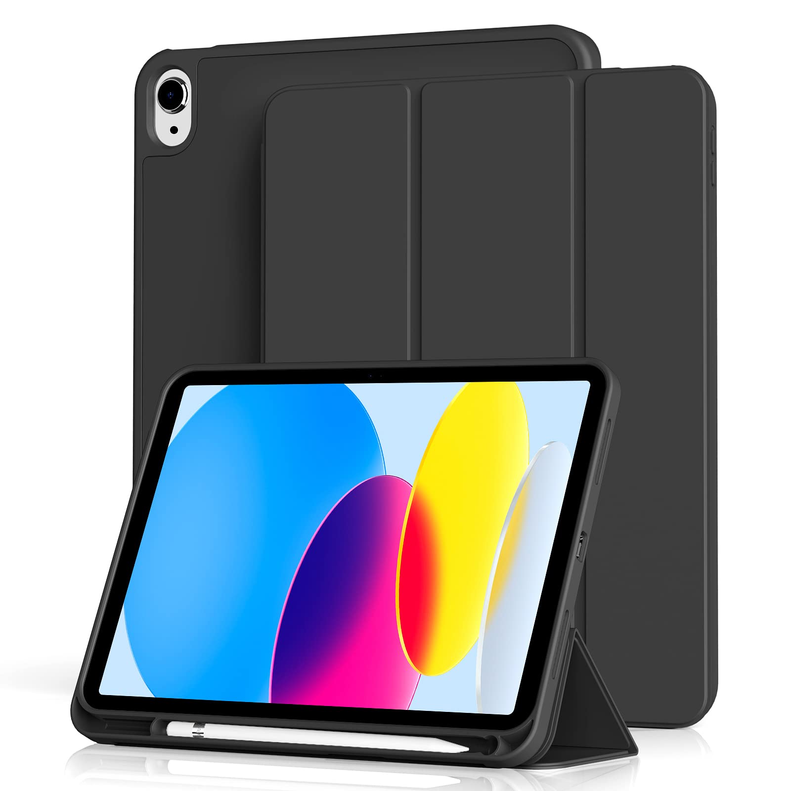 Aoub iPad 11世代 (A16) 10世代 ケース 2025 2022 11/10.9インチ ipad 第10世代 カバー オートスリープ/ウェイク機能対応 Apple Pencilペン収納 TPU 薄型 軽量 耐衝撃 三つ折りスタンド ブラック