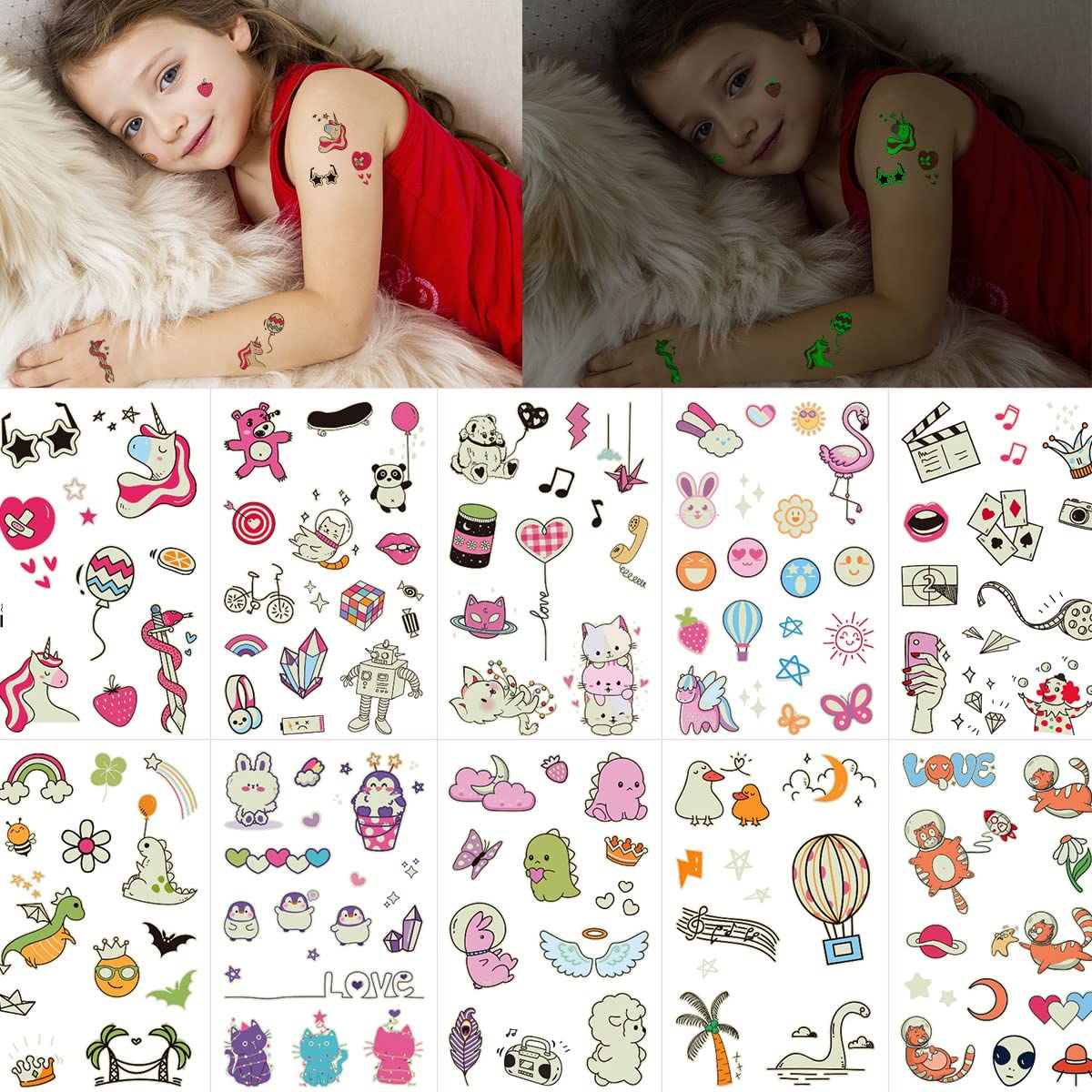 【送料無料】VIWIEU 10枚タトゥーシール光るかわいい 漫画動物 キッズ 男子女子用、小さく明るい一時的なボディシール、暗闇で輝く子供誕生日パーティーギフト...