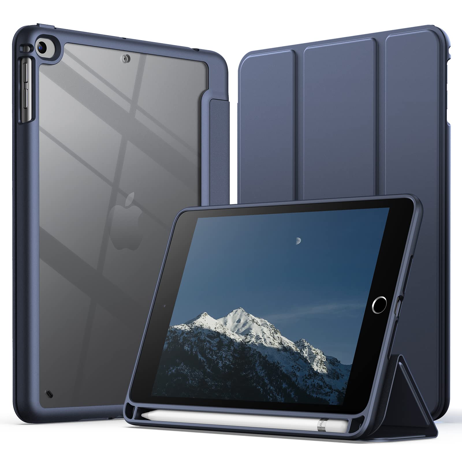 【送料無料】JEDirect iPad mini 5/4 ケース (7.9インチ、2019/2015モデル) Pencil収納可能 透明バックカバー 薄型 スタンド 衝撃吸収 タブレットカバー オートウェイク/スリープ機能 (ネービーブルー)