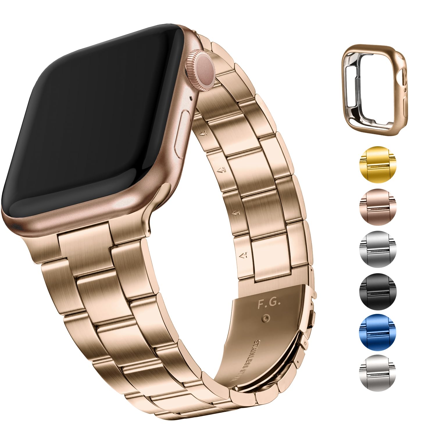 コンパチブル Apple watch バンド ステンレスメタル アップルウォッチベルト iWatch バンド 保護ケース付き 調整ツール無しでは取外しできるSeries 8/7/6/5/4/3/2/1/SE/SE2/Ultraに対応(42mm 44mm 45mm ローズゴールド)
