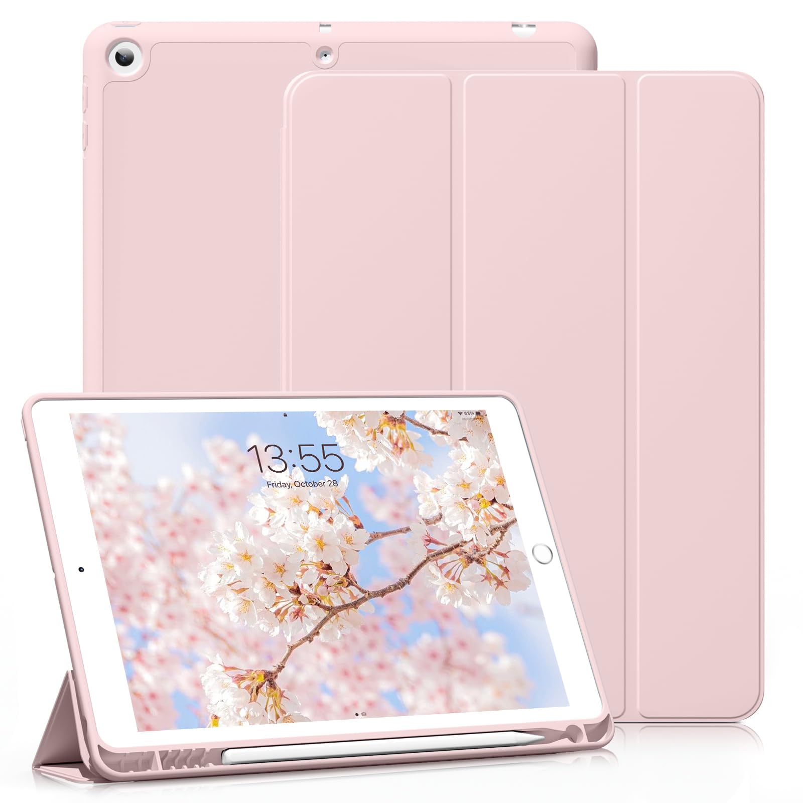 KenKe 新型 iPad 第9世代 ケース 10.2 インチ (2021/2020/2019モデル) 軽量 柔らかいシリコン TPU材質ペン 収納 iPad9 / 8 / 7 カバー 3段階折り畳み可 スタンド マグネット付き 自動スリープ機能 iPad 第8世代/第7世代 カバー (チェリーピンク)