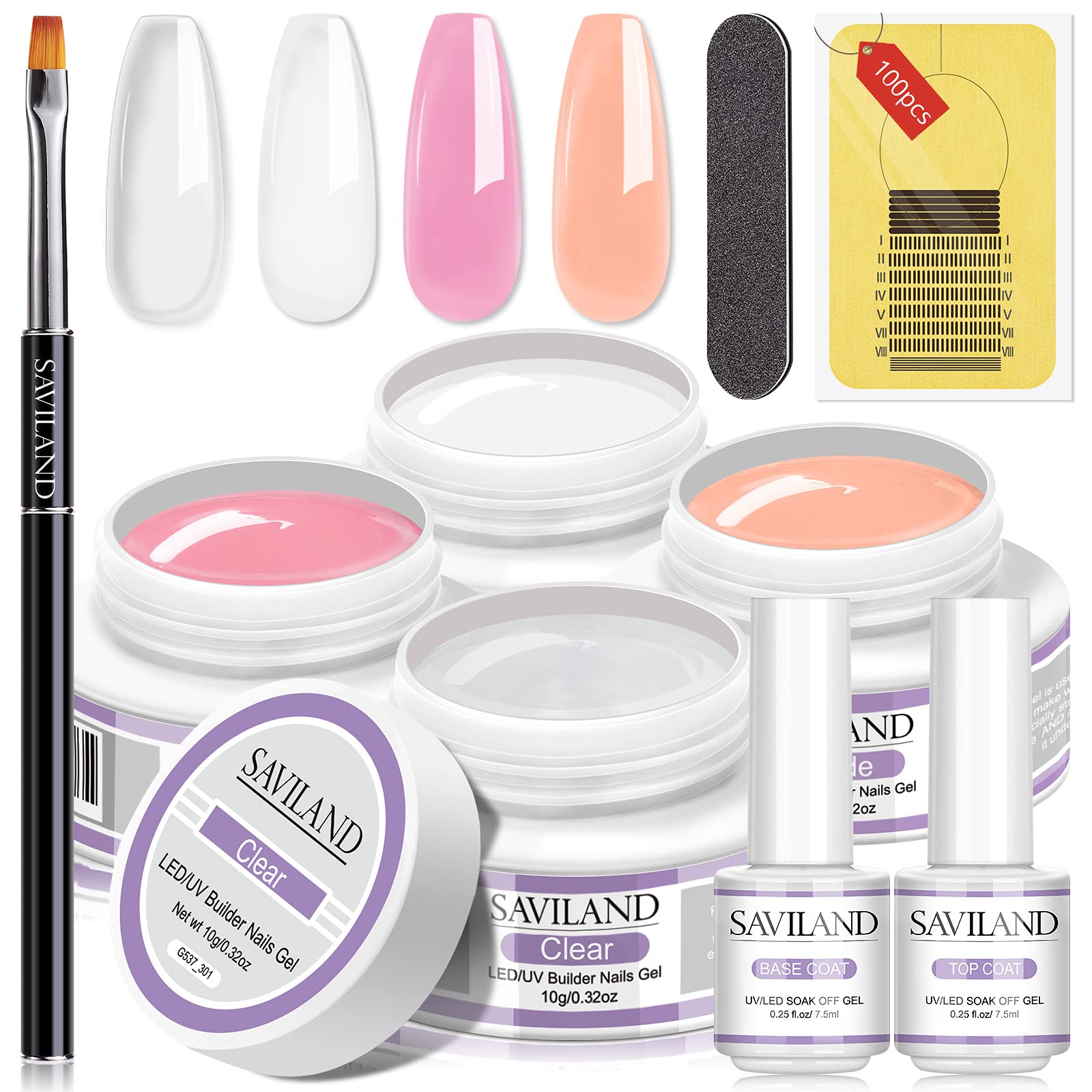 【送料無料】SAVILAND ビルダーネイルジェルキット ネイル長さだし 色：4色- ピンク・ クリア・ ホワイ..