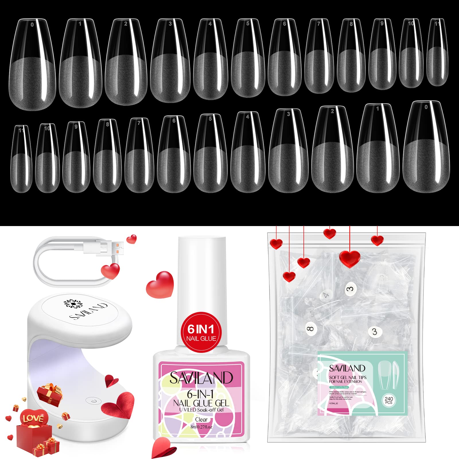 【送料無料】Saviland ネイル チップとグルー ジェル キット 色：クリア、サイズ：スタイル2