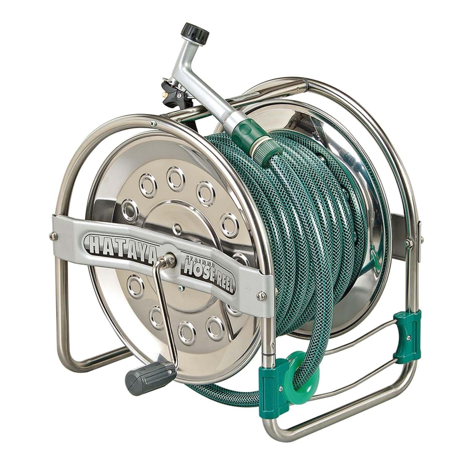 【送料無料】ハタヤ (HATAYA) ホースリール 散水用 20m巻き用 網入防藻ホース付 ステンレス製 ドラム下方向巻き込みタイプ 大型ハンドル付 レバーノズル付 ステンノホースリール (普及タイプ) SSD-20