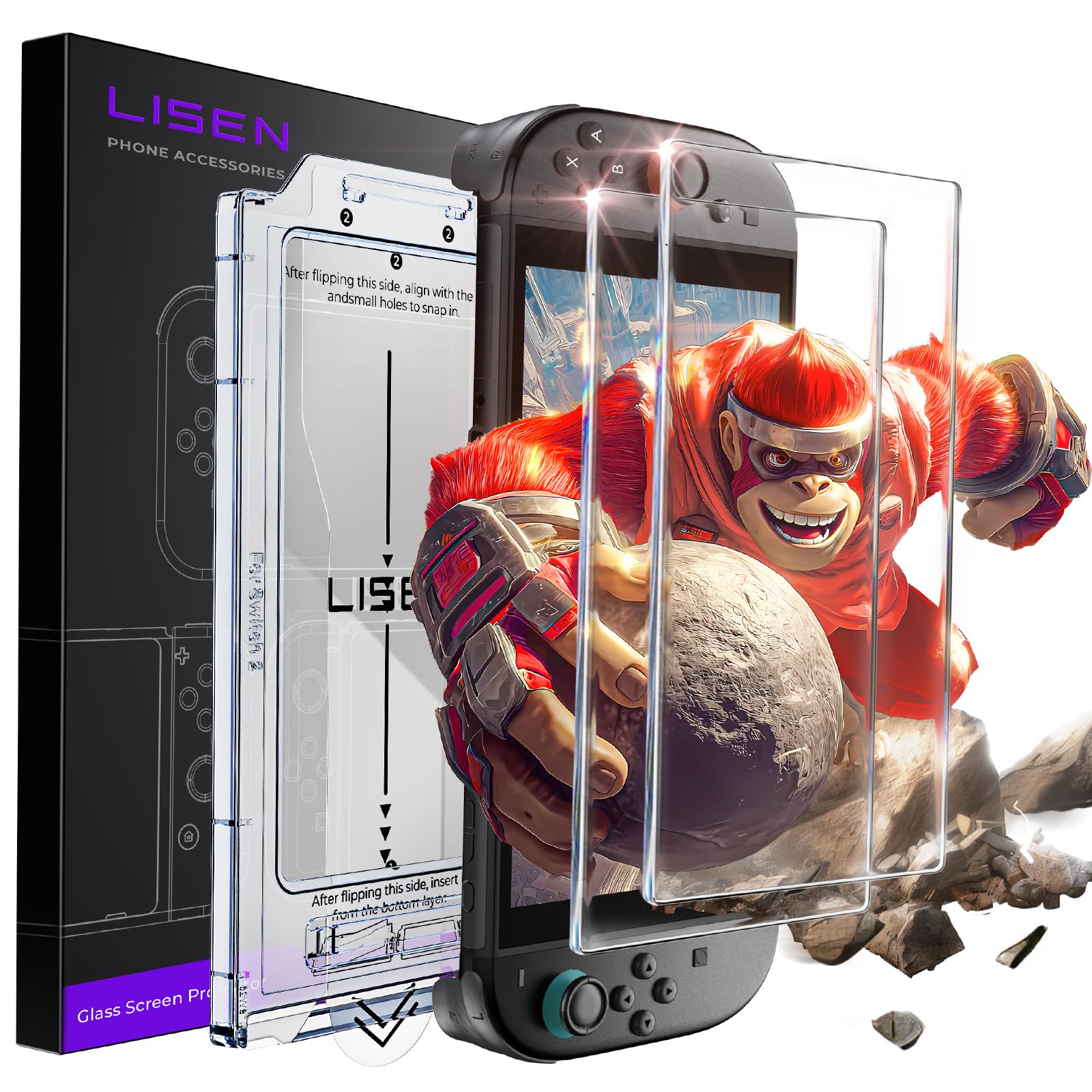 【送料無料】LISEN 対応 switch 2 保護フィルム【2枚入り】全面保護 強化ガラス 対応 スイッチ2 保護フィルム・一発貼り・自動貼り付けキット付き ｜対応 switch2 ガラスフィルム・気泡ゼロ・指紋防止・高透過率・撥油性・超耐久・高光沢