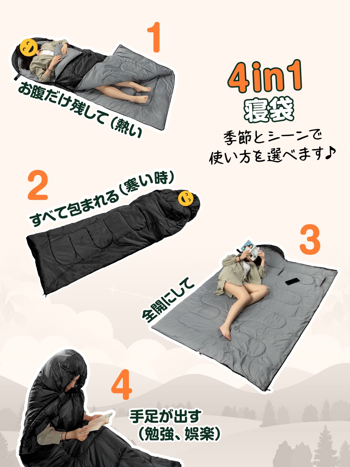 【送料無料】寝袋 冬用【手足伸ばし可能・230T防水】4in1多機能 1.4Kg 1.1Kg 1.8Kg 2.2Kg 寝袋 オールシーズン 夏用シュラフ 封筒型 コンパクト 軽量 中綿 快適温度-5度-20度 保温 wolfyok outdoors 丸洗い可能 収納パック付き キャンプ アウトドア コンパクト 登山 車中 plus-market-10185922 Plus1マーケット楽天市場店 サンプル画像2