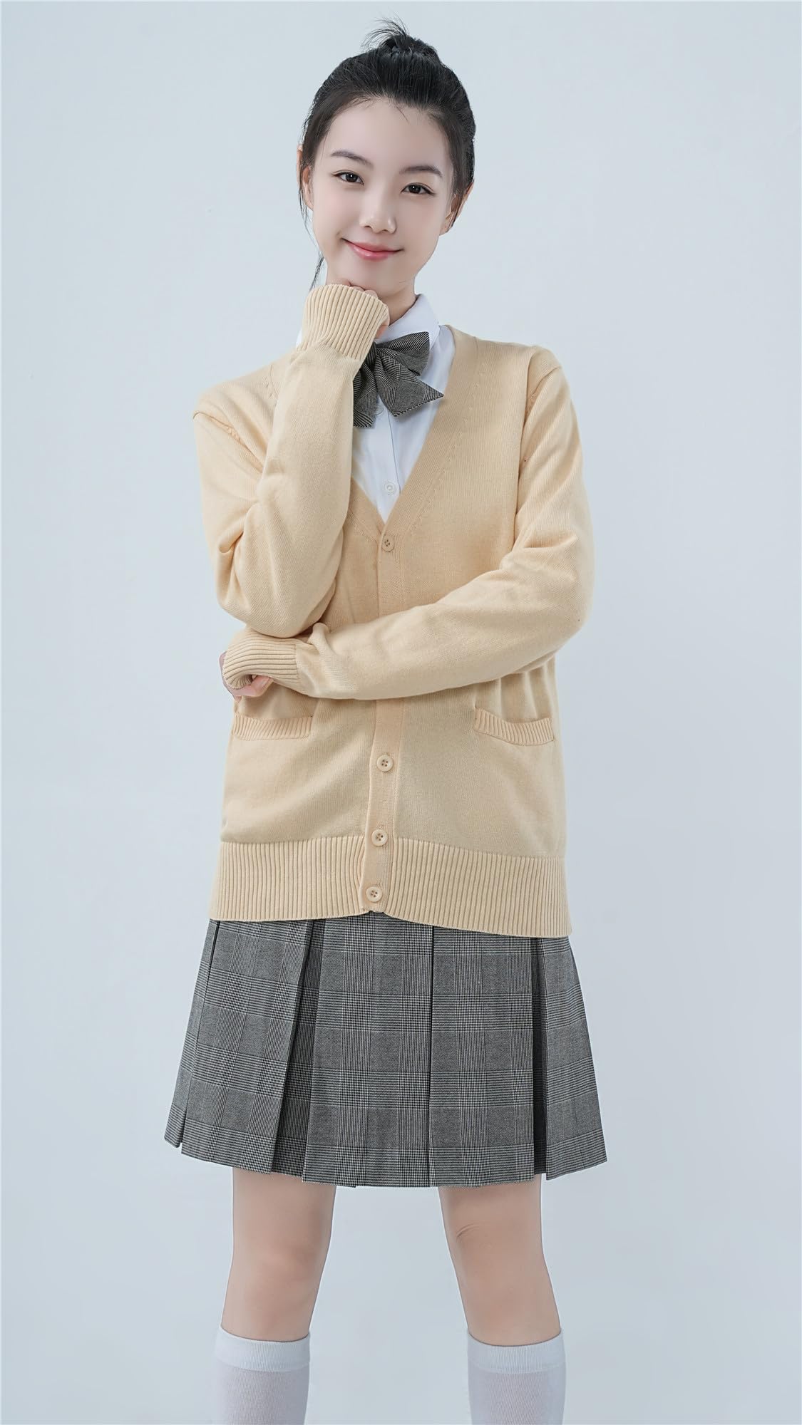 Plus1マーケット楽天市場店の【送料無料】[Sharphon] スクール 制服 カーディガン 綿100 Vネック ポケット 長袖 ニット 女子 セーター レディース カジュアル かわいい｜アングル3