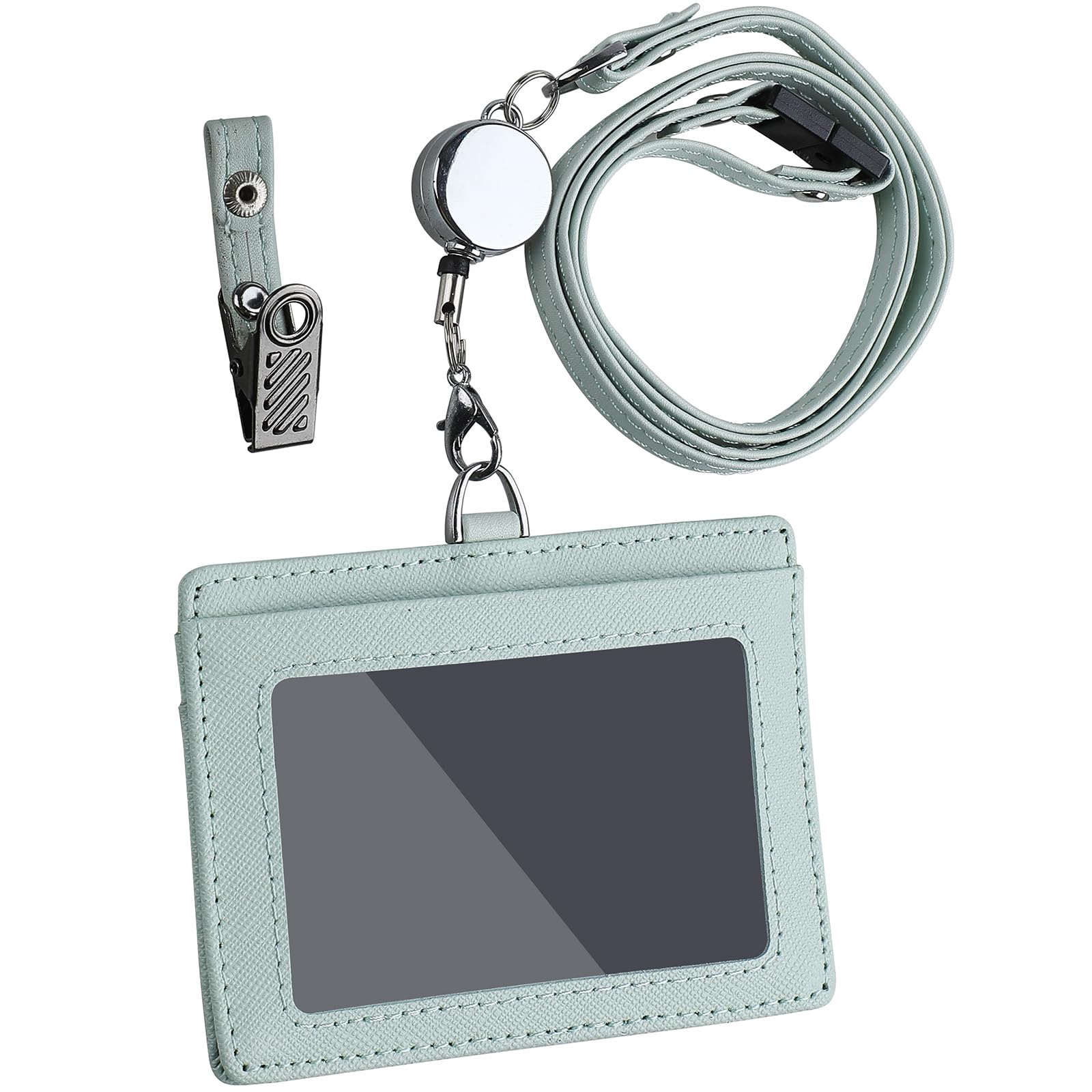 【送料無料】Maiwey IDカードホルダー 本革 パスケース リール付き、横型 IDカードケースネームホルダー 首掛け 社員証ケース ギフト包装(ミントグリー...