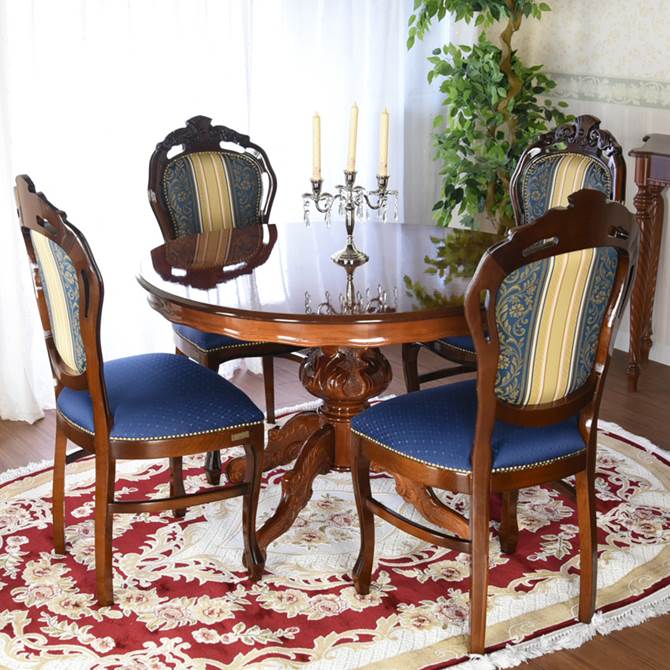 イタリア家具 アンティーク調 猫脚 ダイニングテーブルセット 4人掛け 楕円 布張り 象嵌 イタリア製 ルネッサンス Italia ダイニング5点セット クラシック 輸入家具 ヨーロピアンブルー