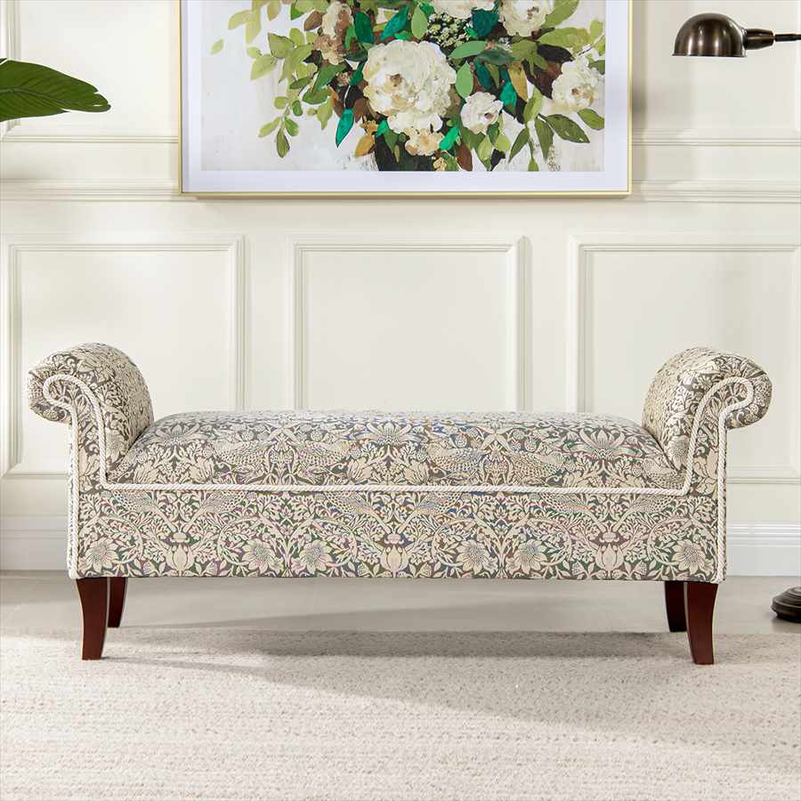 ジェニファーテイラー ロールアームベンチ 布 いちご泥棒柄 ピュアモリス風 モリス Morris ベンチ スツール おしゃれ ホームファッション インテリア 雑貨 アンティーク