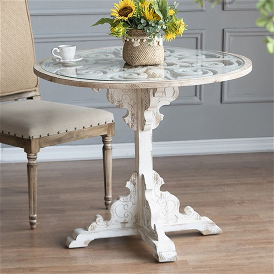 シャビーシック ラウンドテーブル アンティーク調 ホワイト 木製 ナチュラルウッド ヴィンテージ フレンチカントリー おしゃれ レトロ家具