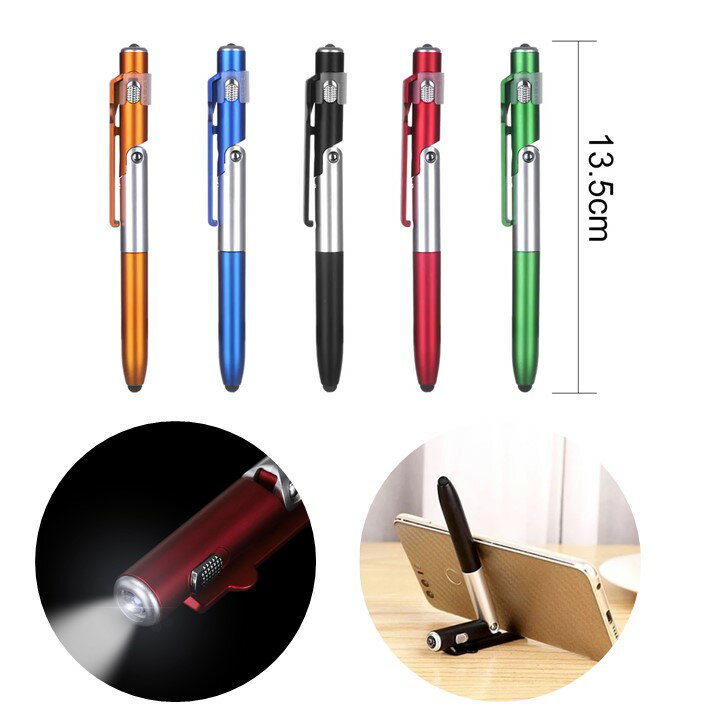 4in1 多機能ペン ボールペン タッチペン LEDライト スマホスタンド 文具 筆記 スリム ペンライト 誕生日 記念日 salect ギフト プレゼント 4つの機能を一つに搭載！ ボールペン、LEDライトライト、タッチペンを搭載した4in1の多機能ペン！普通のボールペン+αとしてご使用できます。ペン本体中央部は折り曲げることができ、スマホスタンドとしてもご使用できます。機能：ボールペン(黒)、タッチペン、LEDライト、スマホスタンド先端半分を回転するとボールペンの芯が出ます。サイズ(約)：全長13.5cm素材：ABS樹脂 他※ご閲覧の環境などにより、実際の色味など異なって見える場合がございます。※輸入商品のため小傷や汚れ等ある場合がございます。※仕様やデザイン等は予告なく変更される場合がございます。※実物の色に近づけるように心がけておりますが、お使いの環境により画像の色が実物の色と違って見える場合があります。 5