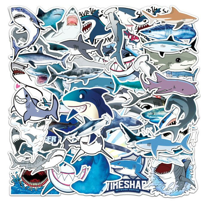 送料無料 サメ 鮫 シャーク 50枚セット ステッカー ヴィンテージシール スーツケース トランク キャリーケース バイク 自転車 車 猫 パソコン スマホ ヘ...