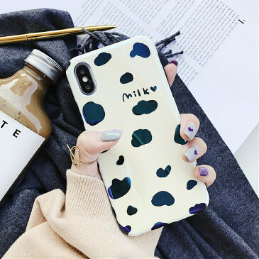 iPhone ケース milk 牛 ミルク cow かわいい アニマル ソフトケース 青光沢 TPU iPhone 6 6s 7 8 Plus X XS MAX XR カバー おしゃれ ホルスタイン 韓国 海外 ツヤ加工 誕生日 記念日 select ギフト　プレゼント などに