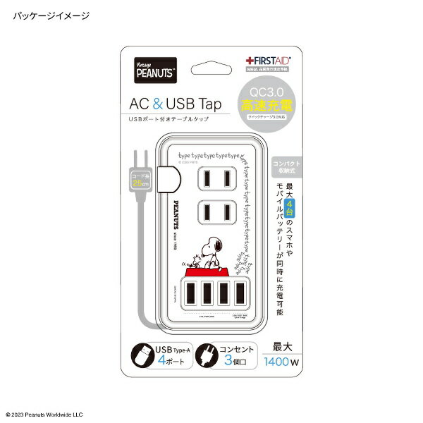 メール便送料無料 ピーナッツ ACタップ Type-C USBポート付き SNG-755C チャーリー ブラウン グルマンディーズ スヌーピー キャラクター 電源タップ コンセント スマートフォン スマホ ACアダプタ AC充電器 ACプラグ USB 充電 収納 携帯グッズ