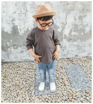 長袖Tシャツ カットソー ロンT クルーネックTシャツ トップス 子供用 キッズ KIDS 男児 男の子 女児 女の子 シンプル 無地 定番 ベーシックドロップショルダー ゆったりプルオーバー ポケット有り カジュアル 80cm 90cm 100cm 1