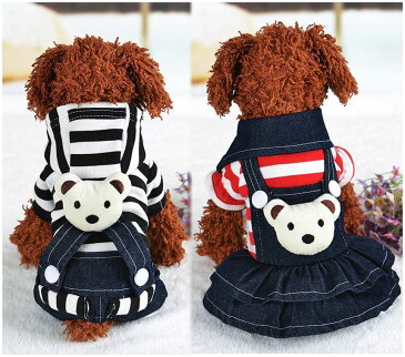 ペット用 犬用 洋服 ワンピース スカート ツナギ カバーオール ロンパース 半袖 重ね着風 スナップボタン フード付き デニム ジーンズ ボーダー クマ 女の子 男の子 可愛い かわいい ドッグウェア ドッグウエア キャットウェア キャットウエア 超小