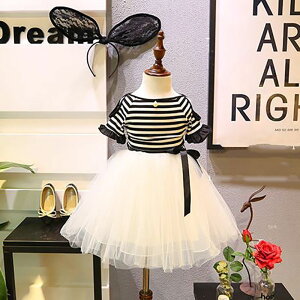 送料無料 チュールワンピース ワンピース 半袖ワンピース 子供服 キッズ服 女の子 ボーダー柄 オープンショルダー チュール ボートネック フェイクパール リボン フリル袖 フリルスリーブ フレア ふんわり 可愛い かわいい ガーリー キュート カジュア