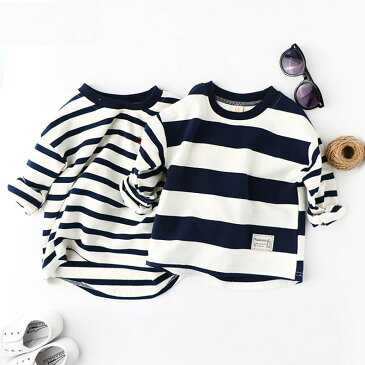 Tシャツ シャツ 男の子 女の子 男女兼用 キッズ トップス 秋 シンプル ナチュラル 可愛い かわいい おしゃれ かっこいい プレゼント ラウンドネック ストレートカフス ボーダー 柄