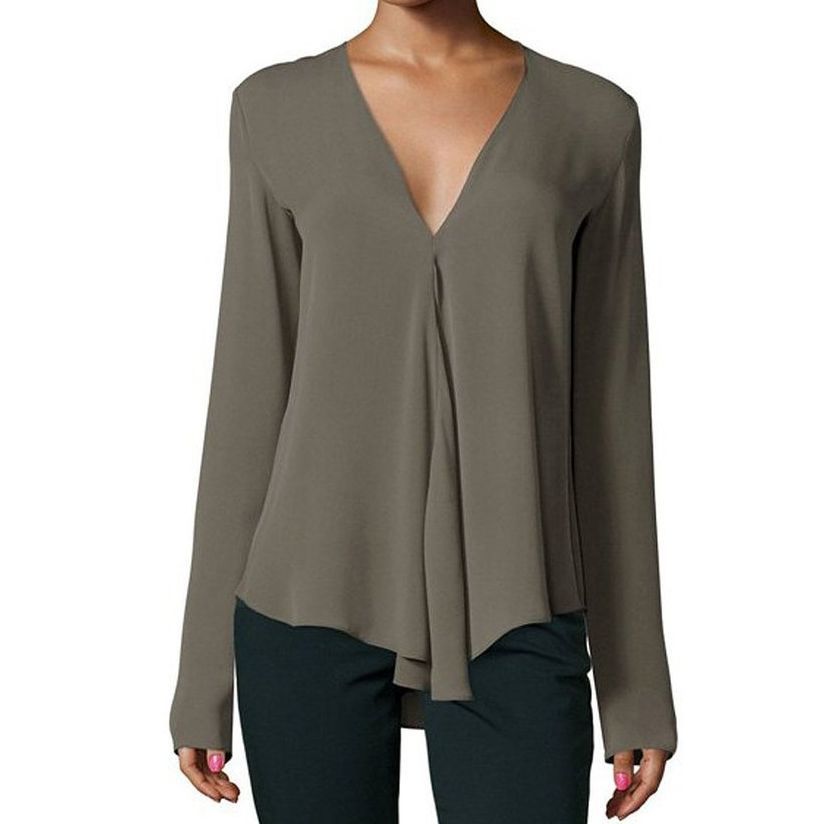 送料無料シフォンブラウス 長袖 深Vネック プルオーバー レディース トップス プランジングネック フロントタック セクシー おしゃれ きれいめ 大人上品 大人女子 お出かけシーン シンプル 無地 単色 ソリッドカラー 可愛い かわいい SEXY 女性用