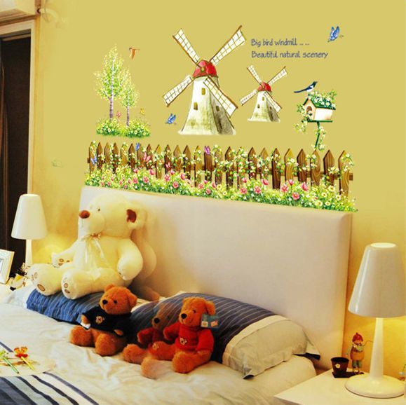 送料無料 ウォールステッカー 壁紙シール ウォールシール 雑貨 インテリア 内装 リビング 寝室 子供部屋 防水 風車 牧歌的