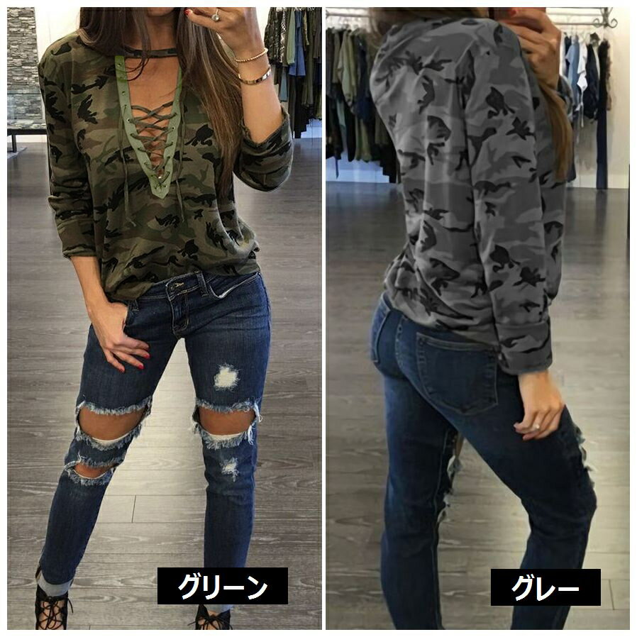 送料無料Tシャツ 長袖 Vネック レースアップ ラウンドネック 迷彩柄 レディース トップス カットソー カモフラージュ柄 セクシー SEXY カジュアル おしゃれ 女性用 婦人用 S M L XL XXL 2XL