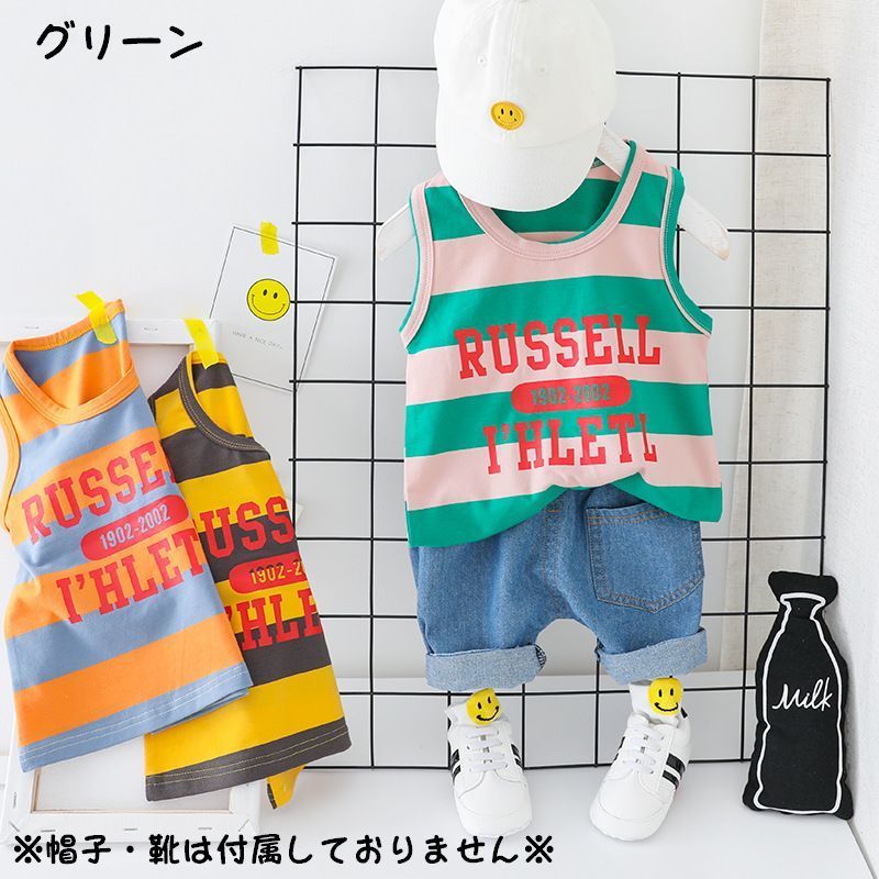 送料無料 上下セット タンクトップ ノースリーブ デニムショートパンツ 子供服 キッズ セットアップ ウエストゴム 短パン 半ズボン ラウンドネック ボーダー柄 英字 カジュアル 男の子 女の子 男児 女児 ベビー服 赤ちゃん 幼児 子ども服 こども服