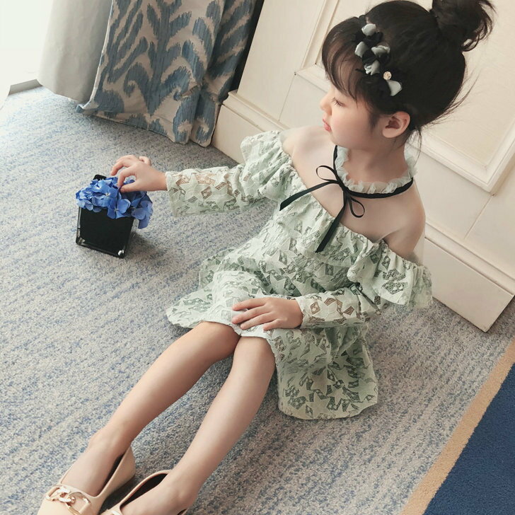 送料無料 ワンピース ミニ丈 フレア トップス キッズ 子供服 シフォン シースルー 肩だし風 オフショルダー風 レース 星柄 こども リボン 女の子 結婚式 発表会 ファッション おしゃれ かわいい