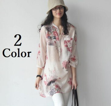 送料無料チュニック ブラウス シャツ 七分袖 花柄 スタンドカラー トップス 大きいサイズ ポケット付き レディース 女性 婦人服 きれい かわいい おしゃれ 大人可愛い 上品 S M L XL 2XL 3XL レッド ブルー