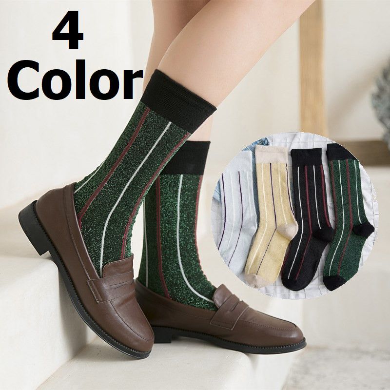 送料無料 レディース靴下 クルーソック 靴下 ソックス 女性用 かわいい お洒落 ラメ キラキラ ストライプ ライン ブラック ゴールド シルバー グリーン