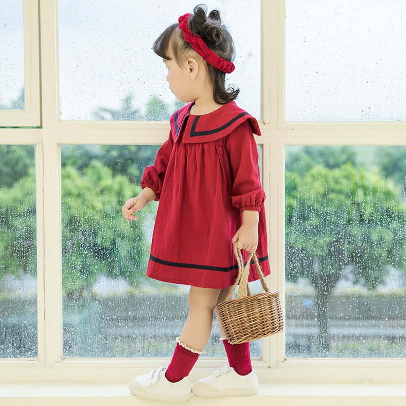 送料無料ワンピース 長袖 ミニ丈 ショート丈 子供服 キッズ ベビー Aライン フレアスカート バックボタン ピューリタンカラー ウィンドカフス かわいい 可愛い バイカラー シンプル 無地 春秋 女の子 女児 子供用 子ども服 こども服 ベビー服 赤ち