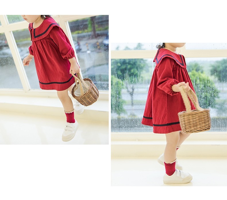 送料無料ワンピース 長袖 ミニ丈 ショート丈 子供服 キッズ ベビー Aライン フレアスカート バックボタン ピューリタンカラー ウィンドカフス かわいい 可愛い バイカラー シンプル 無地 春秋 女の子 女児 子供用 子ども服 こども服 ベビー服 赤ち