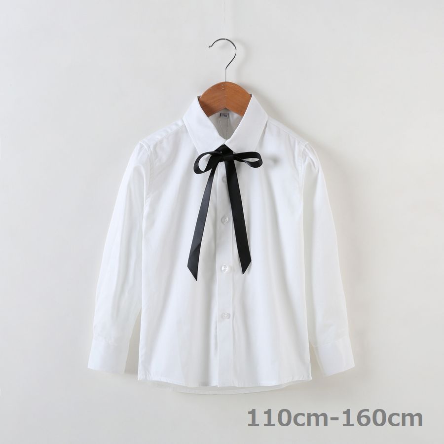 送料無料 ブラウス 白シャツ トップス 長袖 レディース ジュニア キッズ 子供服 女の子 女児 親子ペア お揃いコーデ ママとお揃い リボン付 入学式 卒業式 通学 発表会 結婚式 可愛い おしゃれ シンプル