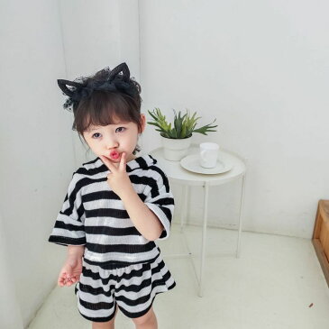 送料無料 セットアップ 上下セット 子供服 パーカー ショートパンツ トップス ボトムス 半袖 プルオーバー ニット フード付き ボーダー キッズ ベビー 女の子 男の子 女児 男児 ウエストゴム 横縞 短パン カジュアル こども服 80cm 90cm