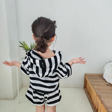 送料無料 セットアップ 上下セット 子供服 パーカー ショートパンツ トップス ボトムス 半袖 プルオーバー ニット フード付き ボーダー キッズ ベビー 女の子 男の子 女児 男児 ウエストゴム 横縞 短パン カジュアル こども服 80cm 90cm