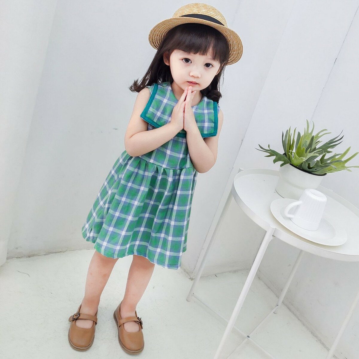 送料無料ワンピース ノースリーブ ボックスカラー 膝丈 膝上 チェック柄 子供服 キッズ フレアスカート かわいい 可愛い ガーリー 女の子 女児 女子 子ども服 こども服 子供用 80cm 90cm 100cm 110cm 120cm 130cm