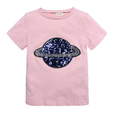 送料無料半袖Tシャツ キッズ ベビー 子供服 こども服 土星 惑星 スパンコール Tシャツ 半袖 トップス ラウンドネック プルオーバー おしゃれ 男の子 女の子 男児 女児 80 90 100 110 120 130 140