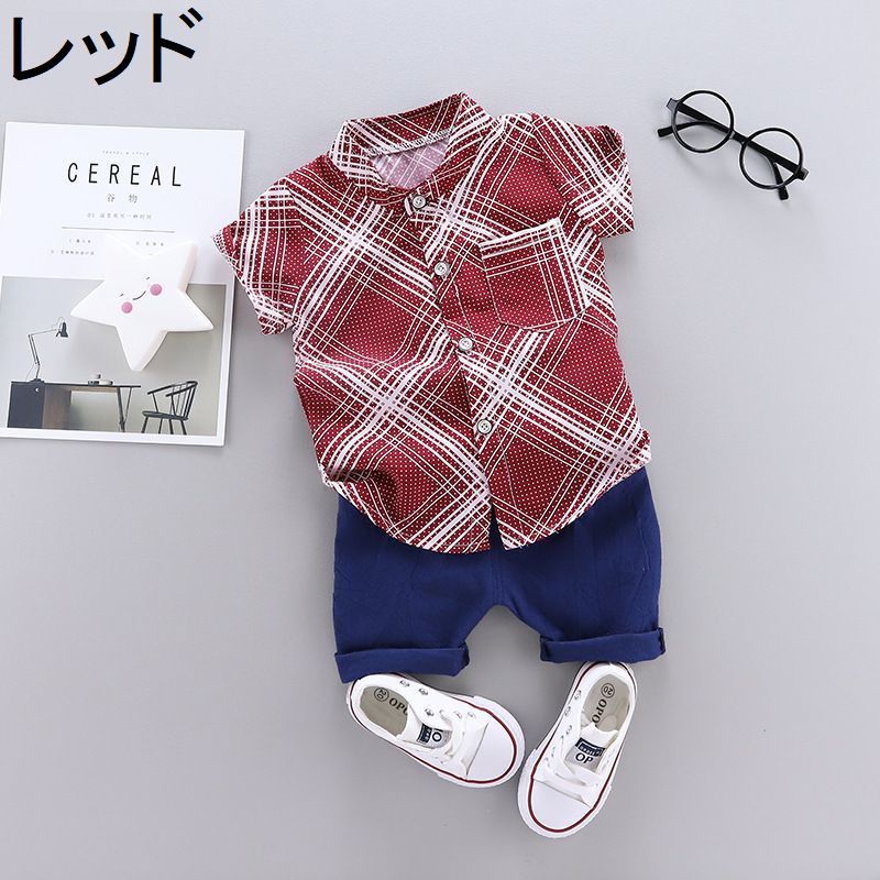 送料無料 セットアップ 半袖 シャツ パンツ 半ズボン 夏服 男の子 女の子 ハーフパンツ スタンドカラー 子供服 キッズ オシャレ チェック ツーピース