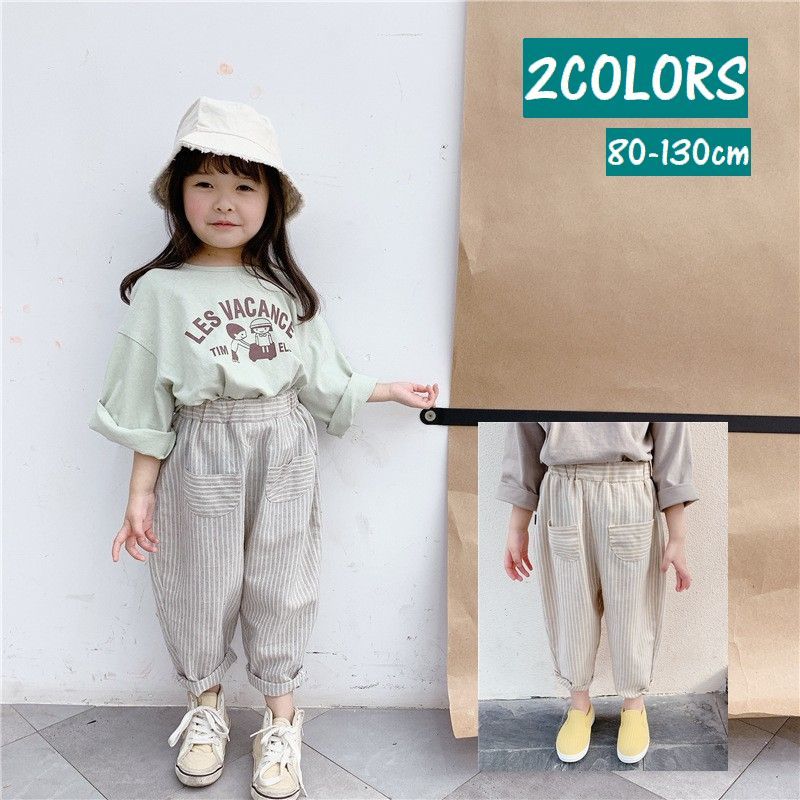 送料無料 カジュアルパンツ キッズ ボトムス パンツ ウェストゴム 九分丈 ポケット ストライプ ゆったり リラックス 男の子 女の子