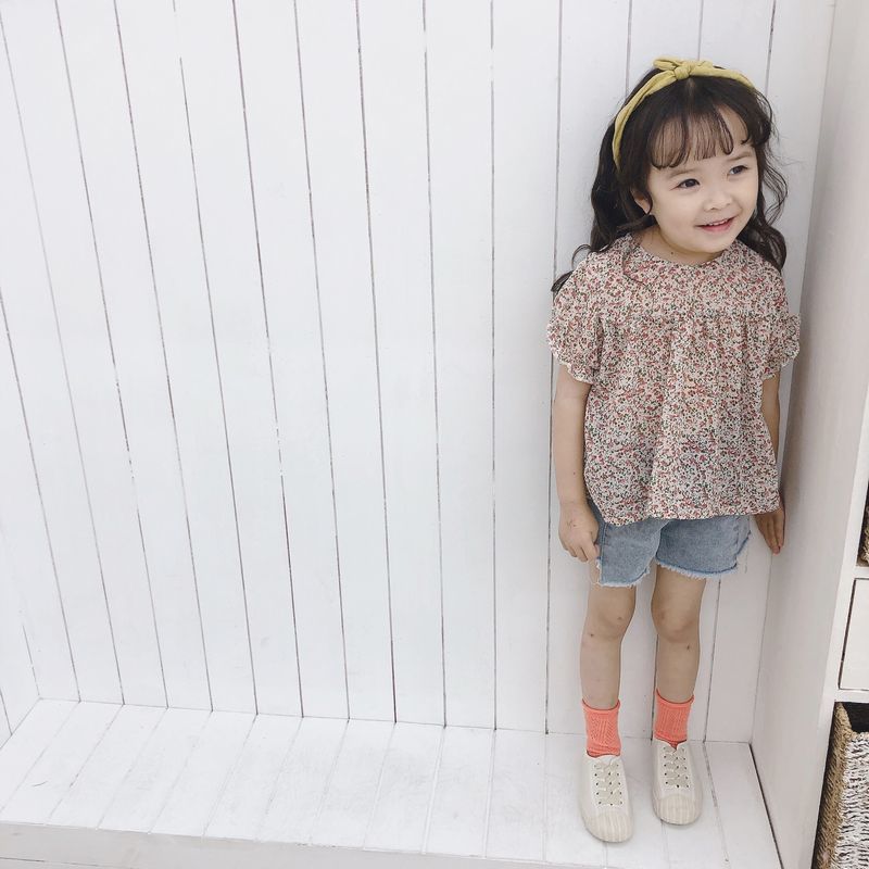 送料無料半袖ブラウス トップス キッズ 子供服 シフォン 花柄 女の子 パフスリーブ バブルスリーブ かわいい おしゃれ 夏