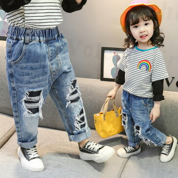送料無料デニムパンツ ジーンズ 長ズボン キッズ 子供服 女の子 ボトムス 長丈 ロングパンツ ウエストゴム ダメージジーンズ かわいい おしゃれ お出かけ