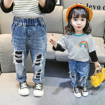 送料無料デニムパンツ ジーンズ 長ズボン キッズ 子供服 女の子 ボトムス 長丈 ロングパンツ ウエストゴム ダメージジーンズ かわいい おしゃれ お出かけ